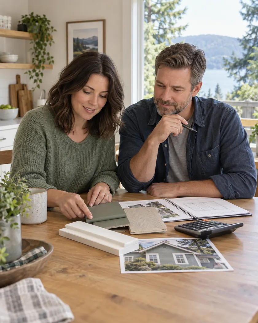 Homeowners reviewing renovation plans and material samples at their kitchen table