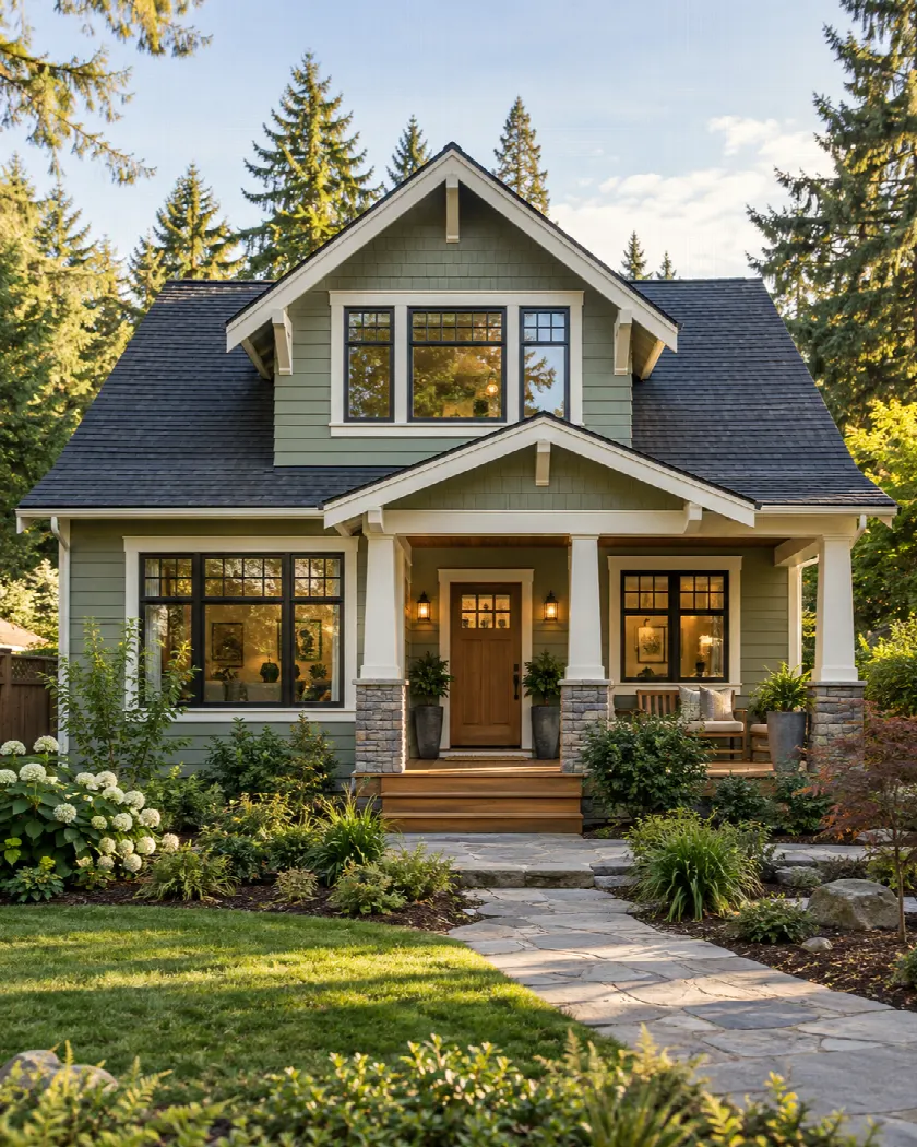 Craftsman home with sage siding, white-trimmed windows, and a welcoming front porch