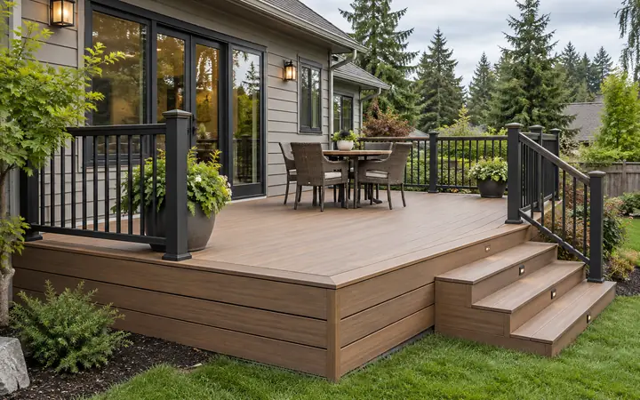 Illustration of a composite backyard deck with railing and steps