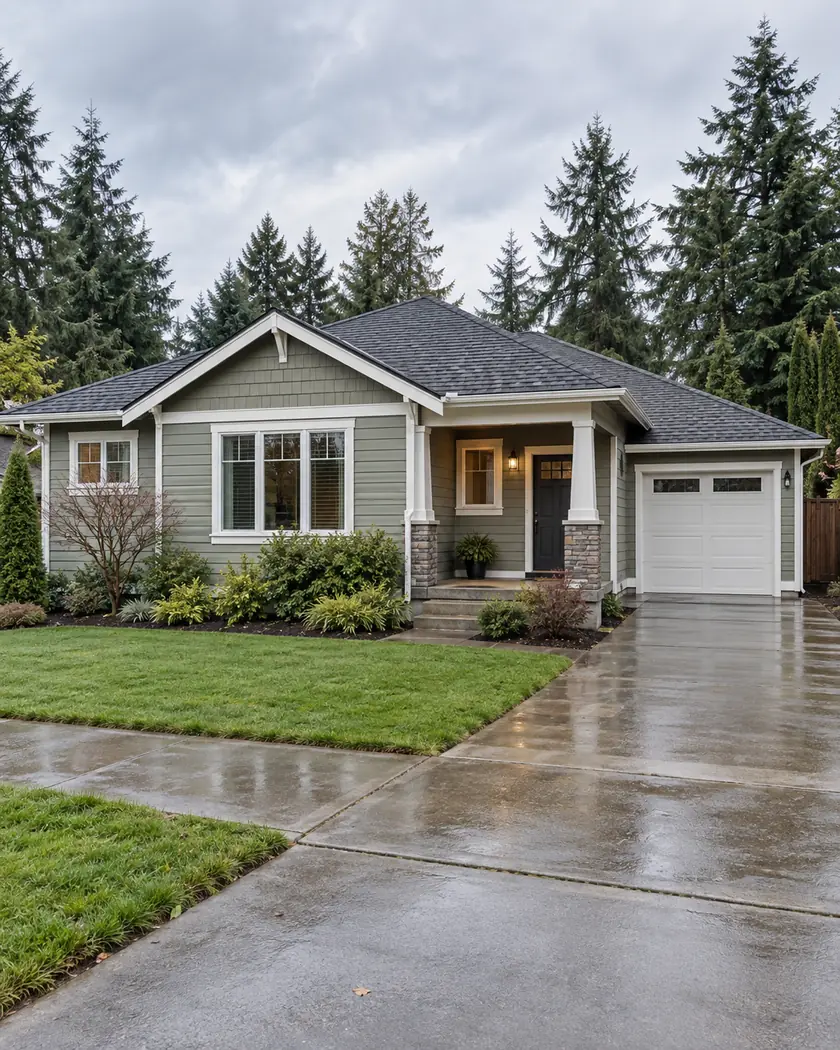 Illustrated Pacific Northwest home with sage-gray siding, white windows, and a charcoal shingle roof