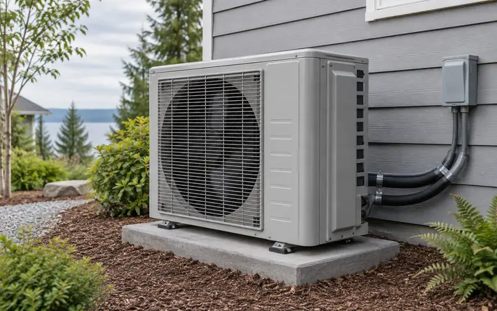 Illustration of an outdoor heat pump beside a home