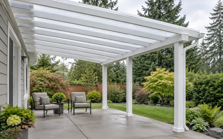 Illustration of a white patio cover sheltering outdoor seating