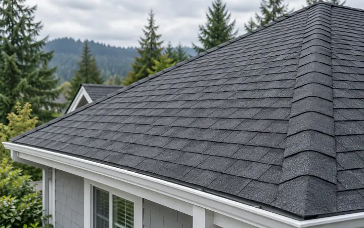 Illustration of charcoal asphalt shingles, roof ridge, and white gutters