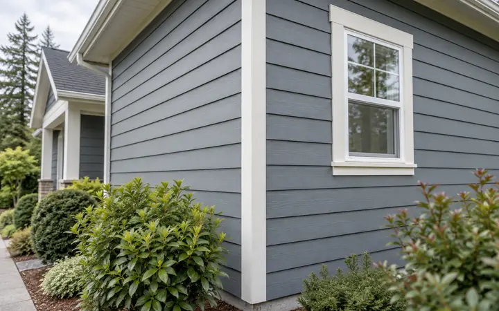 Illustration of blue-gray lap siding and white exterior trim