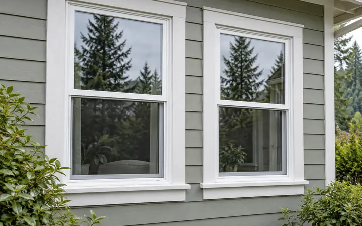 Illustration of white replacement windows in sage-gray siding