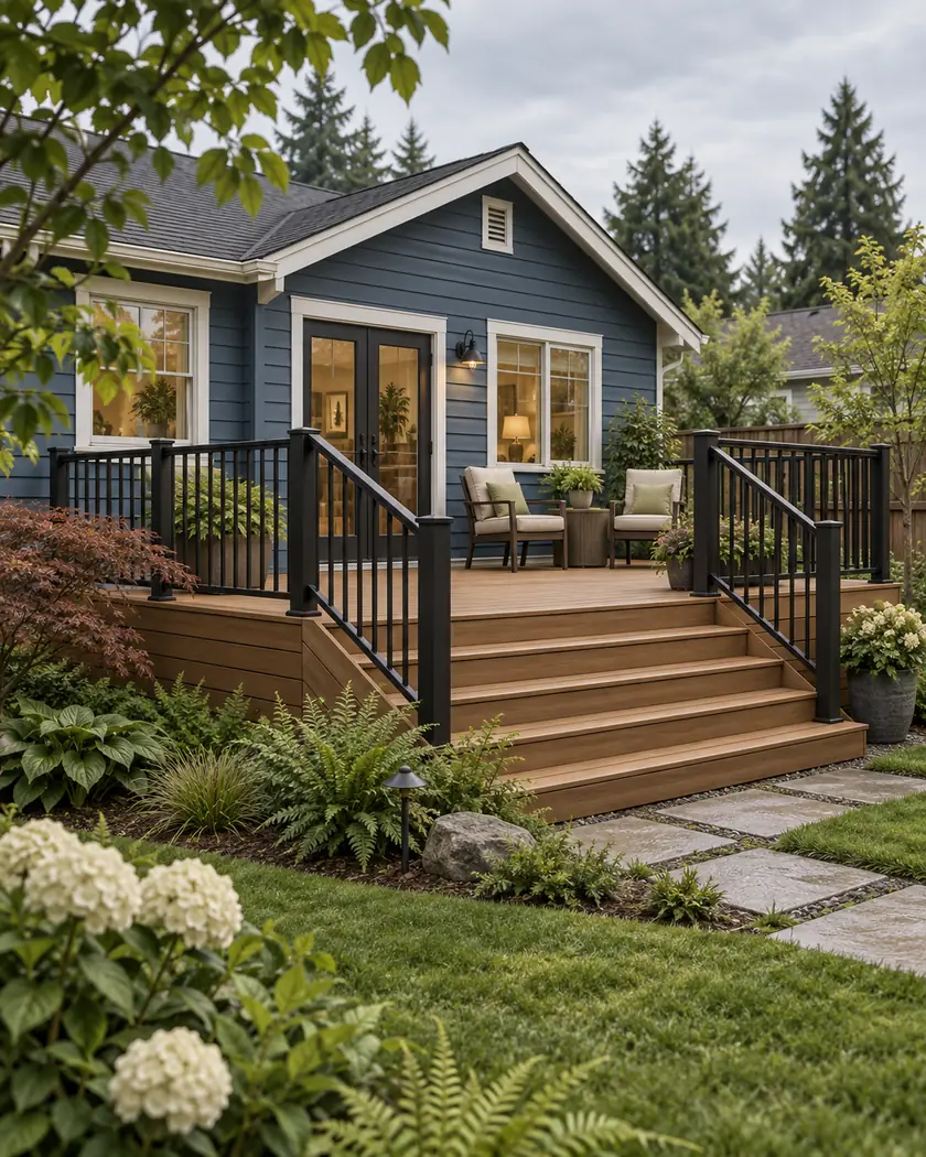 AI-created illustration of a wood-tone deck with black railings and stairs behind a blue bungalow