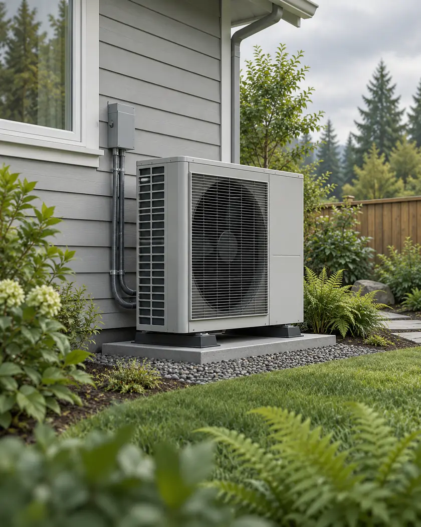 AI-created illustration of an unbranded outdoor heat pump on a level pad beside a gray home and garden