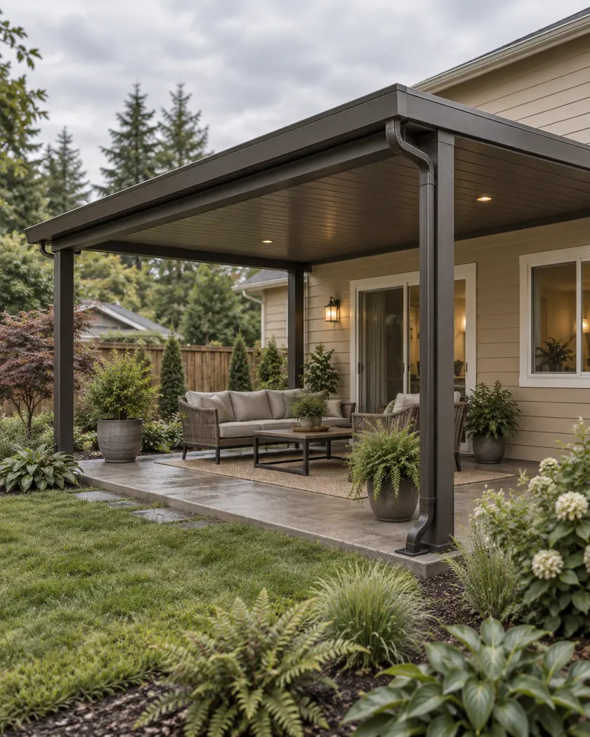 AI-created illustration of a bronze solid-roof patio cover with posts and a downspout over a landscaped sitting area
