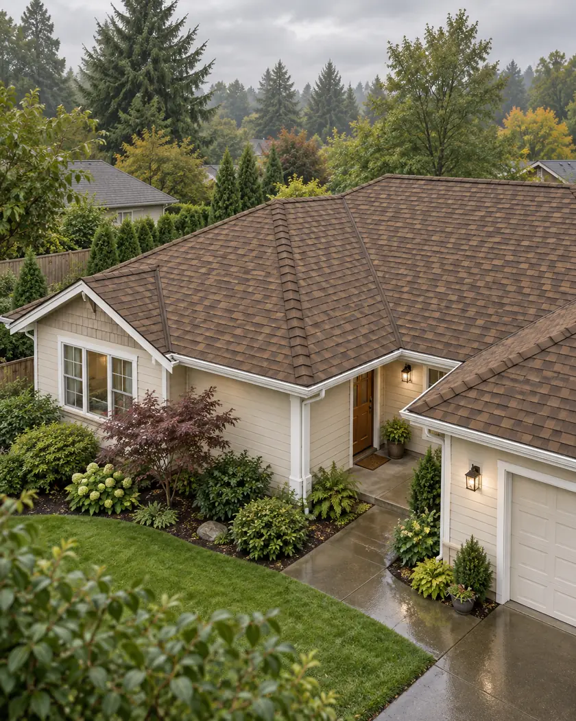 AI-created illustration of a cream home with a brown shingle roof and white gutters, inspired by Algona residential yards