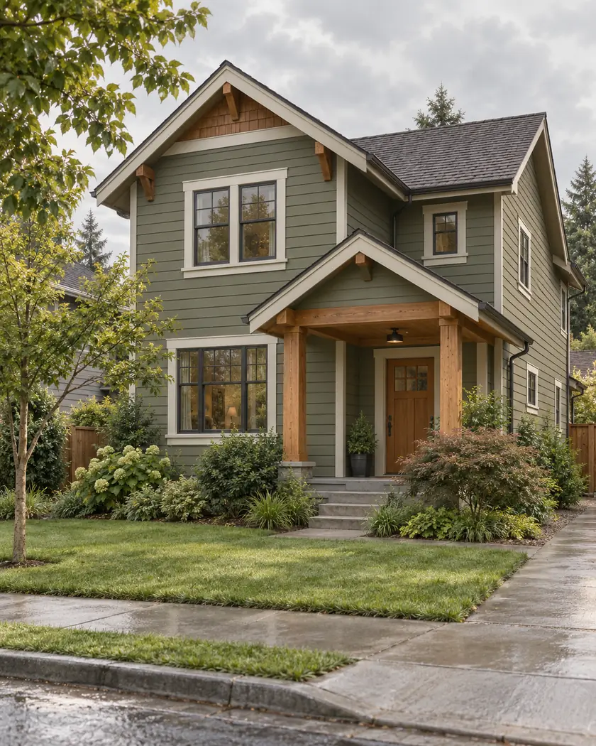 AI-created illustration of an olive lap-sided home with cedar porch accents and a small landscaped front yard