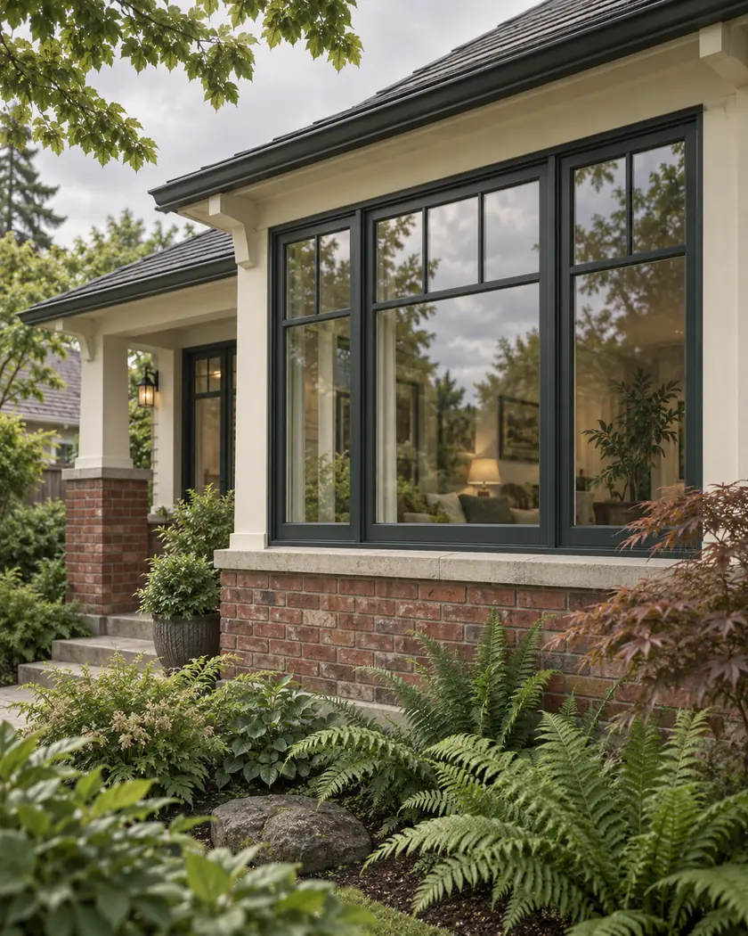 AI-created illustration of dark-framed replacement windows on a brick-and-cream home with a fern garden