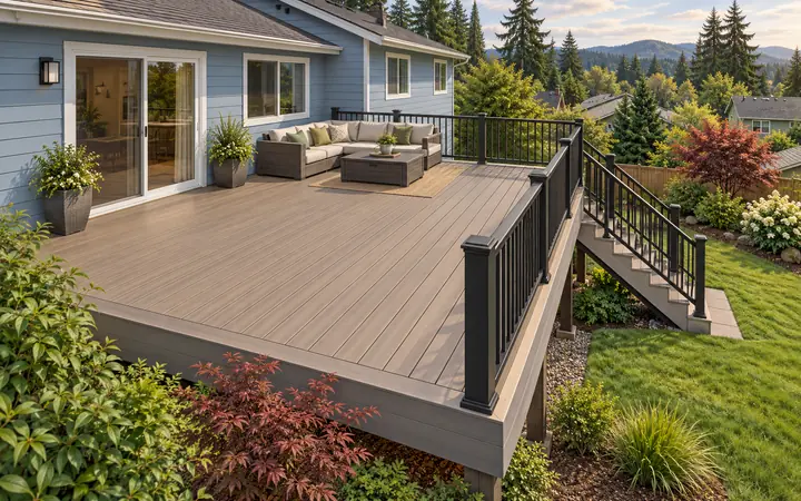 Illustration of a taupe composite deck with black rails and a stair flight beside a blue home