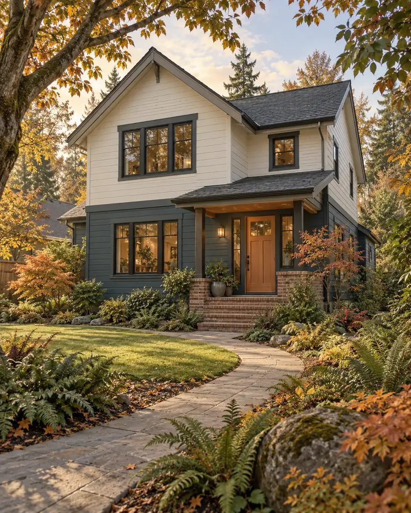 Illustration of an ivory and teal two-story home with a brick stoop and curved garden path