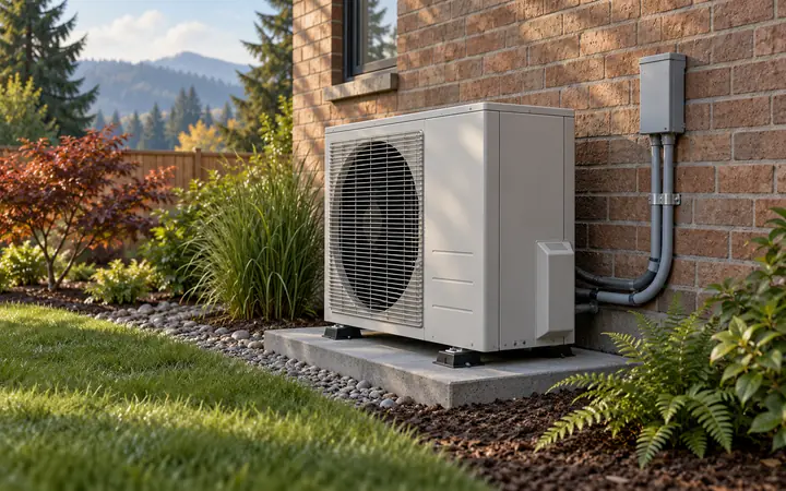 Illustration of a compact side-discharge heat pump beside a brick wall