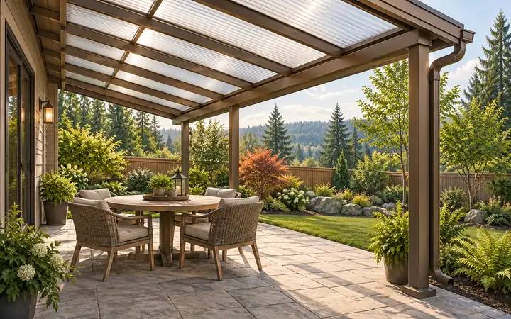 Illustration beneath a bronze patio cover with translucent panels and a round table