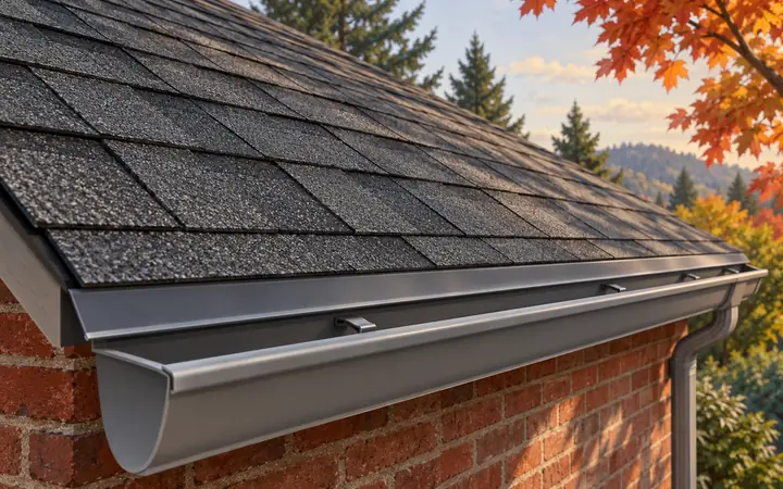 Illustration of graphite shingles and gray gutter on a red brick rambler