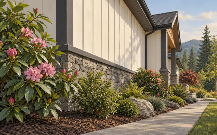Illustration of cream board-and-batten siding with charcoal trim and a stone foundation