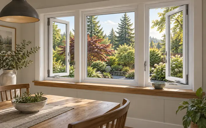 Illustration of white casement windows and an oak sill viewed from a dining nook