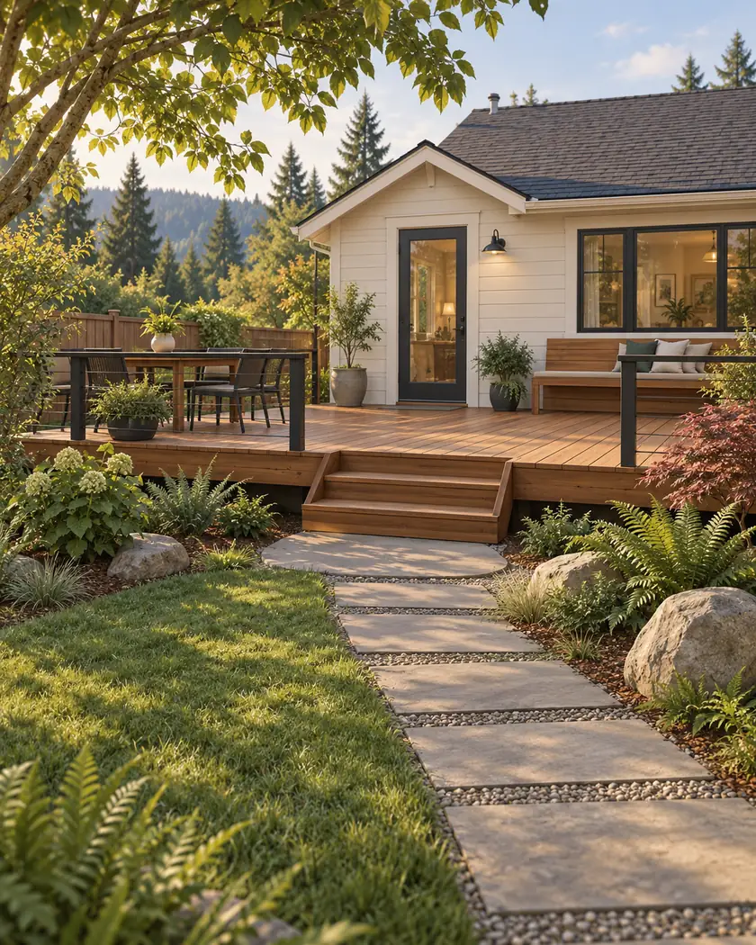 Illustration of a low cedar-tone deck with a central stair and clear garden path beside a cream cottage