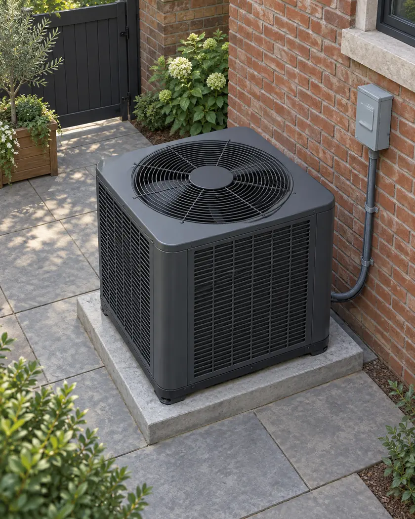 Illustration of a charcoal top-discharge heat pump on a concrete pad in a brick utility courtyard