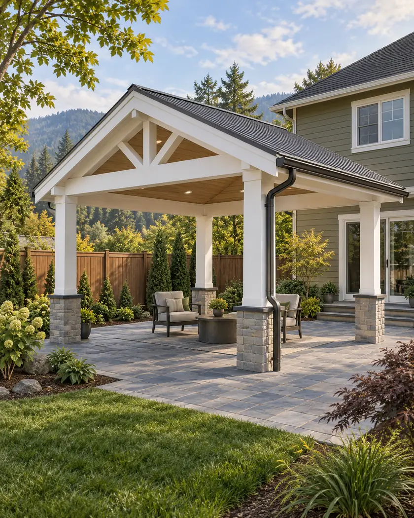 Illustration of a freestanding white gable patio cover with gray roofing and visible post bases over blue-gray pavers