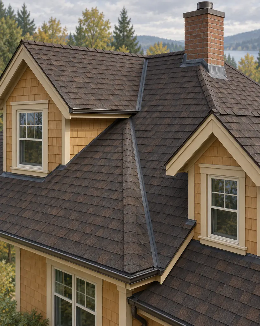 Illustration of brown intersecting shingle gables, dormers and a brick chimney with flashing