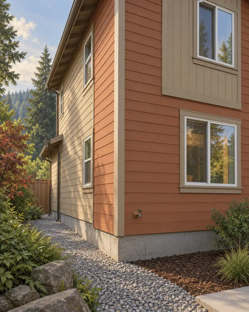 Illustration of terracotta lap siding, sand accent panels and a gravel path alongside a two-story house