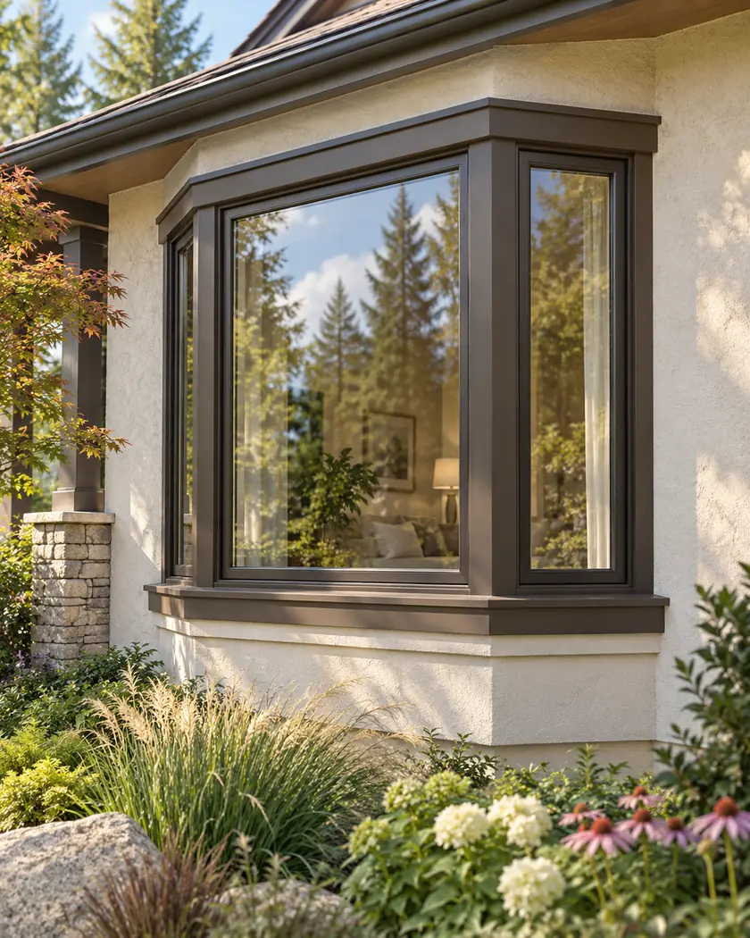 Illustration of a bronze bay window on a pale stucco wall with grasses beneath the sill