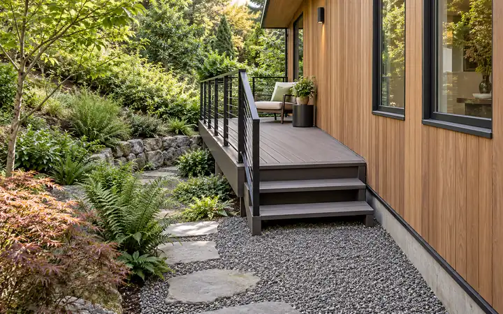 Illustration of a narrow gray composite side deck with a corner stair and gravel landing
