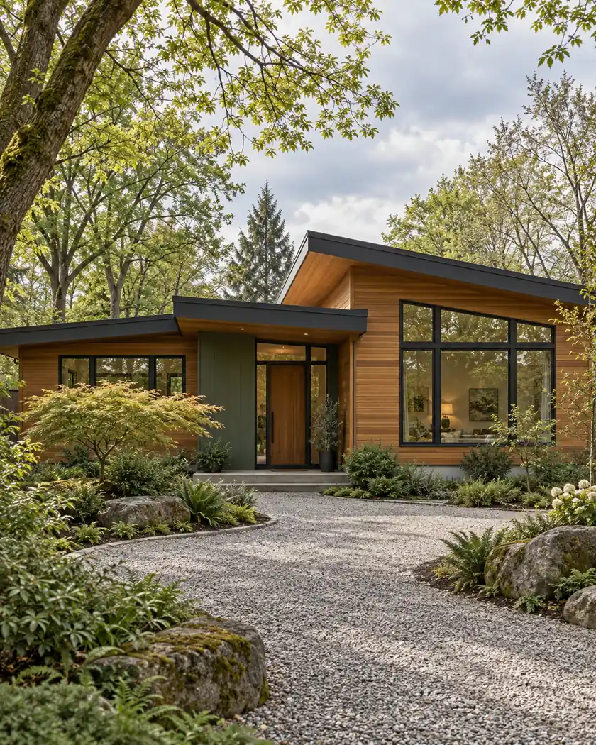 Illustration of a cedar-clad modern home with offset shed roofs and a gravel forecourt beneath established trees