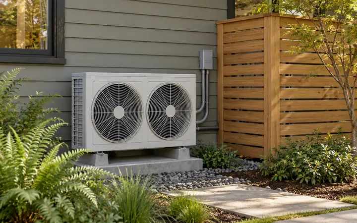 Illustration of a horizontal dual-fan heat pump beside an open timber utility screen