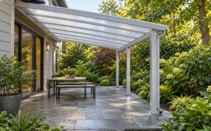 Illustration of a light-gray translucent shed shelter over a slate-paved terrace