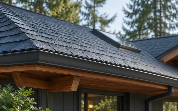 Illustration of a slate-blue shingle roof with cedar eaves, a dark gutter and a skylight