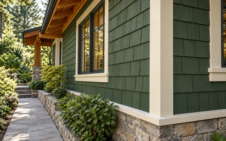 Illustration of forest-green shingle-style siding with timber eaves and cream trim
