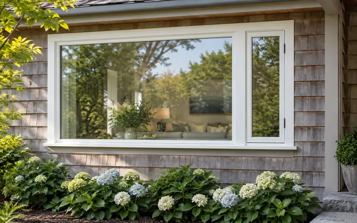 Illustration of a broad picture window and narrow casement in cedar siding