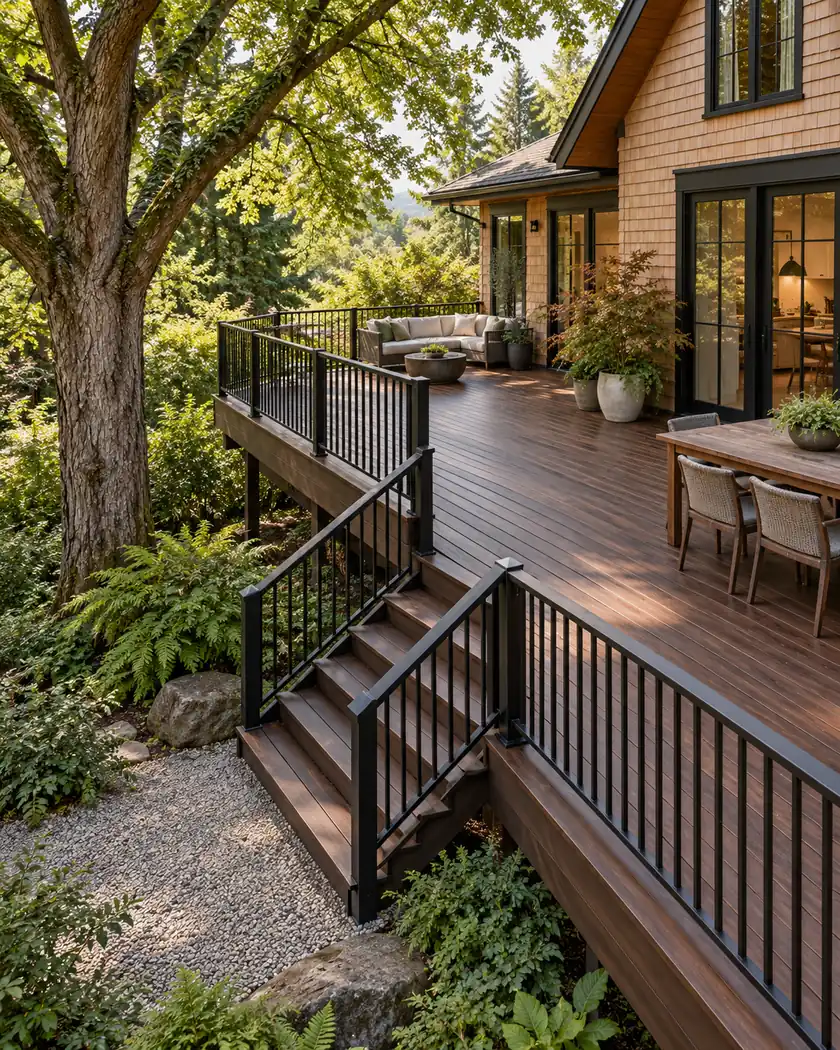 Illustration of a walnut-tone corner deck with black rails, a gravel landing and an established tree beyond