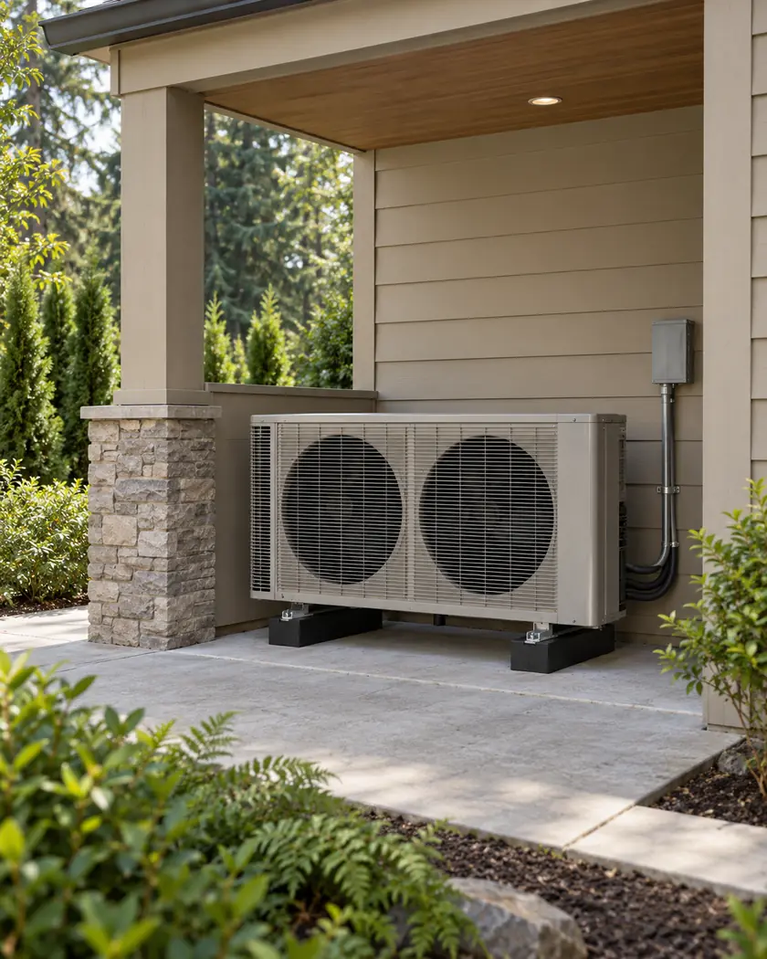 Illustration of a horizontal twin-fan heat pump in an open utility alcove with clear airflow