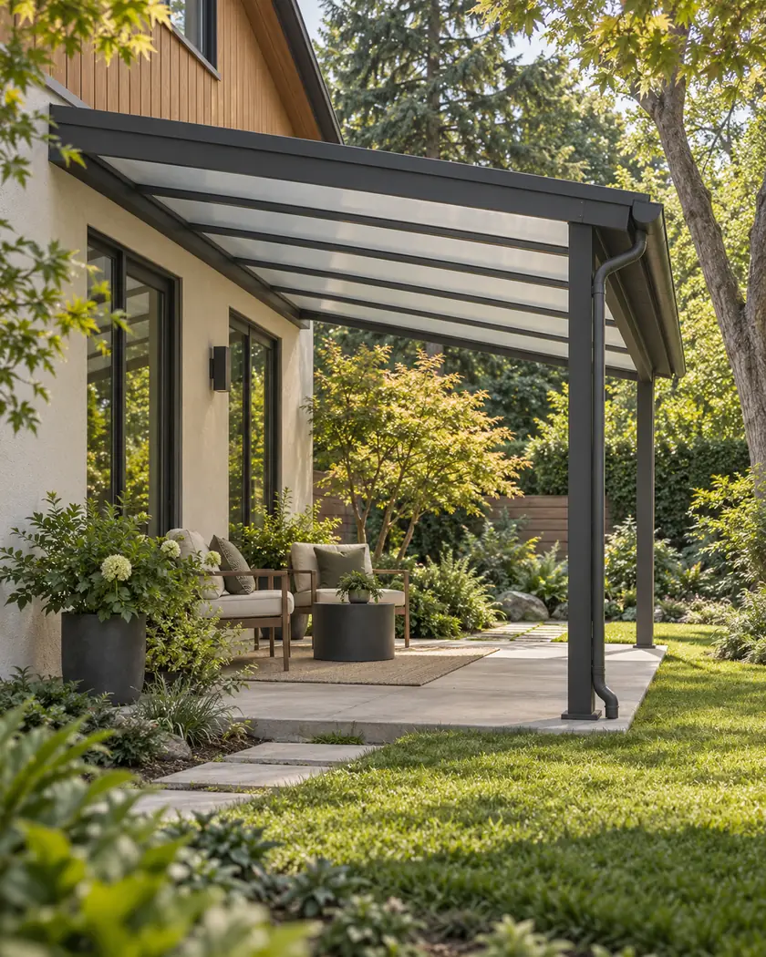 Illustration of an attached charcoal shed shelter with opal roof panels over a narrow garden terrace