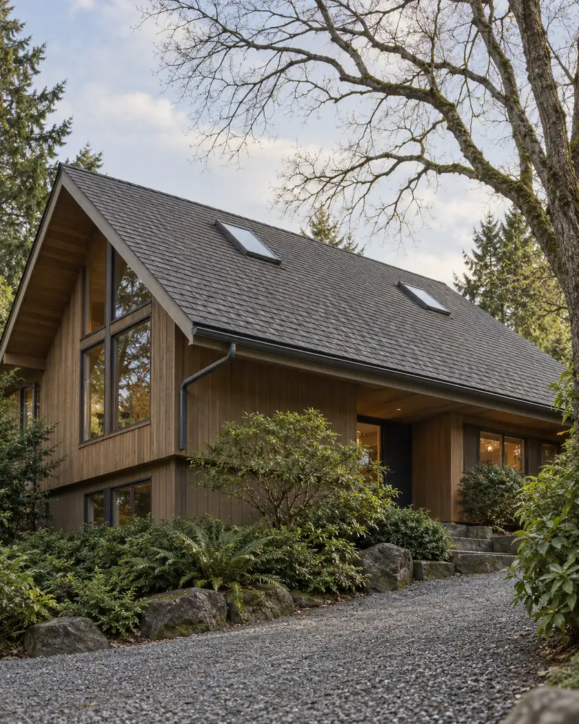 Illustration of a cedar split-level home with a dark gable roof, two skylights and deep eaves