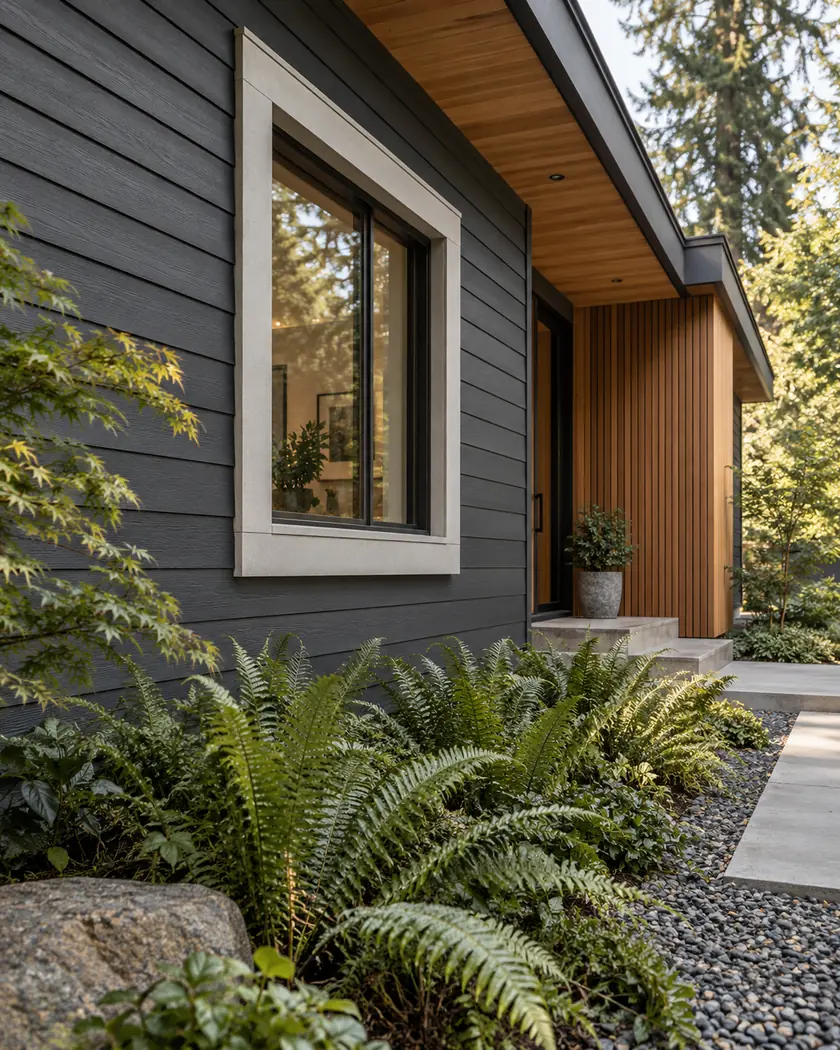 Illustration of charcoal lap cladding, cedar soffits and a pale window surround beside a fern garden