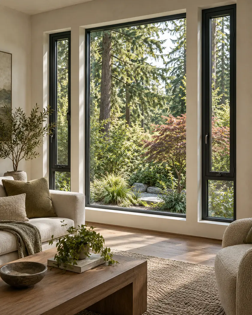 Illustration of grouped dark-framed fixed and operable windows in a cream living-room corner
