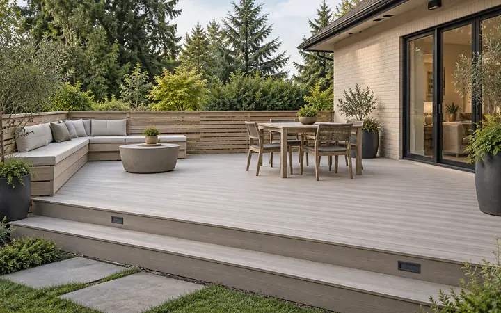 Illustration of a pale ash deck with broad steps and built-in seating beside a light brick home