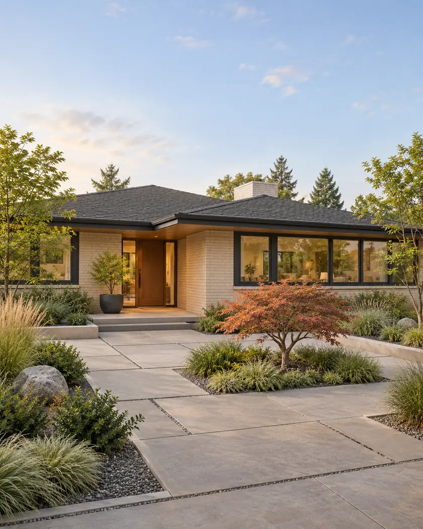 Illustration of a low sand-brick home with a dark hip roof, broad windows and a paved courtyard with ornamental grasses