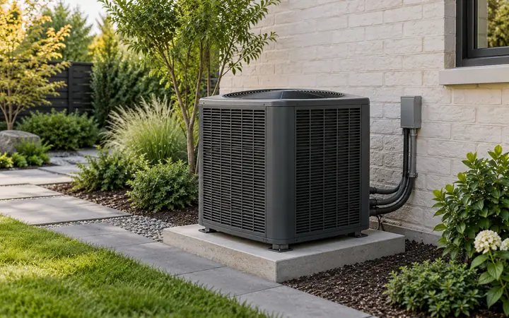 Illustration of a charcoal top-discharge heat pump on a concrete pad with clear service space