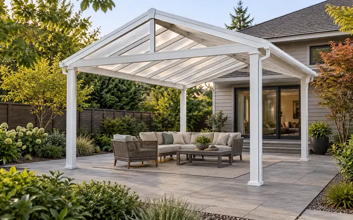 Illustration of a freestanding white aluminum gable cover on a gray paved garden courtyard