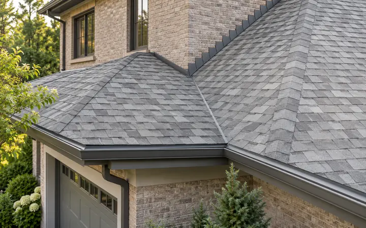 Illustration of a pale gray hip-roof valley at the junction of a garage and main house