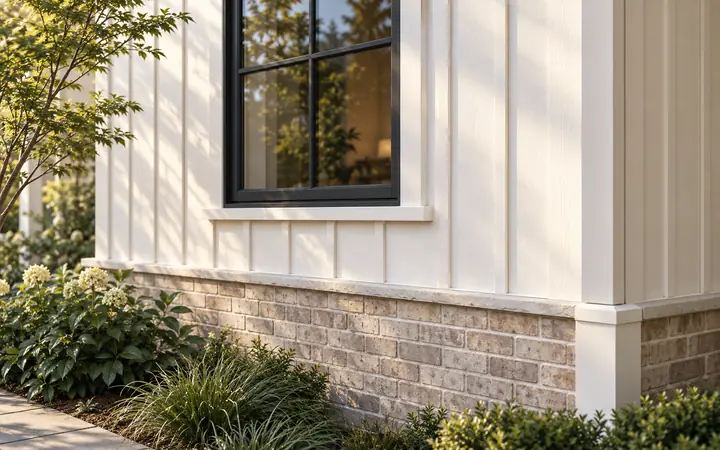 Illustration of warm white vertical board-and-batten siding above a sand-brick foundation