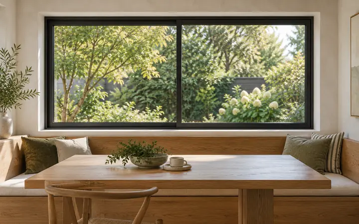 Illustration of a black-framed sliding window above an oak bench in a pale breakfast nook