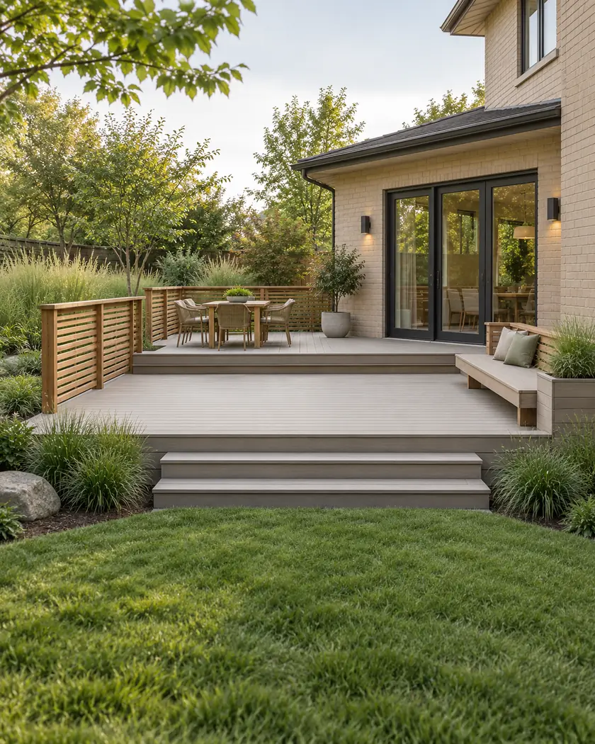 Illustration of a pale ash two-level deck with broad steps, horizontal cedar guards and an edge bench by a sand-brick home
