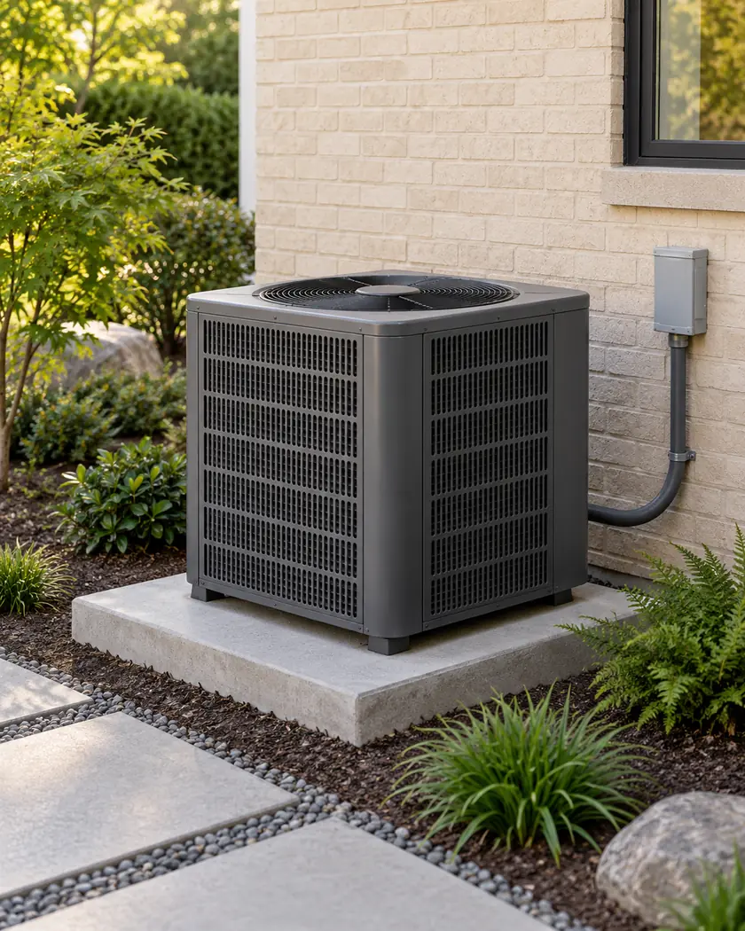 Illustration of a charcoal top-discharge heat pump on an open concrete service pad beside a pale sand-brick house